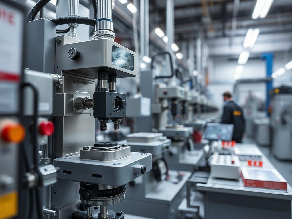A detailed shot of advanced manufacturing equipment in a factory