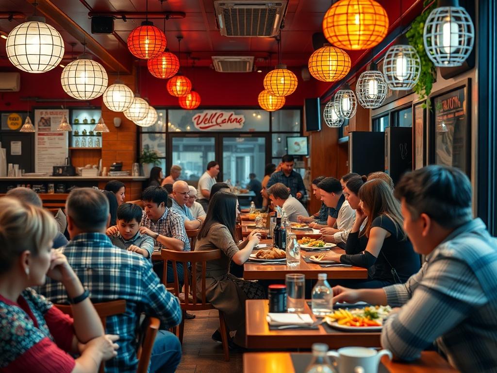 A close up shot of a bustling restaurant interior with