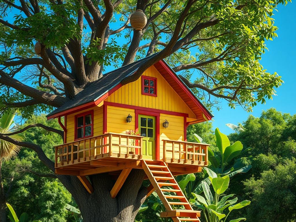 A realistic high resolution of a vibrant treehouse, nestled in