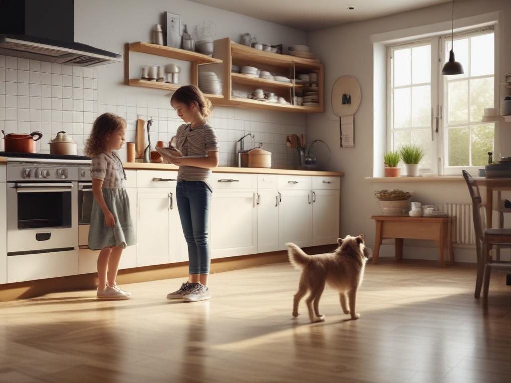 A warm, inviting kitchen scene featuring children and dogs joyfully playing on a clean, polished floor. In the background, a mother is preparing dinner at the kitchen counter, smiling as she watches her kids. The kitchen should be bright and airy, with natural light streaming in through the windows. The focus is on the playful interaction between the children and dogs, capturing the essence of a happy, clean home environment.