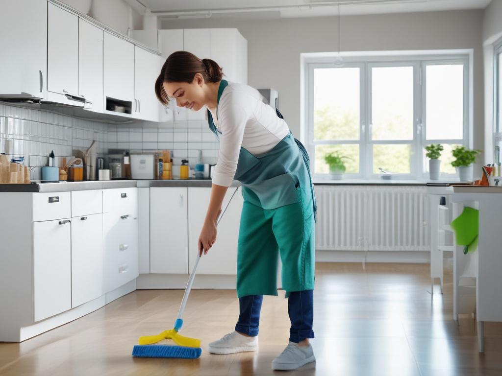 A close-up shot of a cleaning service in action, featuring a professional cleaner using eco-friendly cleaning supplies in a bright, airy kitchen. The image should have a hyper-realistic style, showcasing the cleaner's focus, with high-resolution detail on the cleaning products and the clean surfaces. The background should be softly blurred to emphasize the cleaner's action, using color tones compatible with rgb(2, 86, 197).