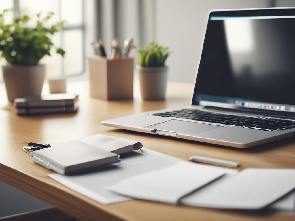 A pristine office desk with organized stationery and a laptop, shot in hyper-realistic detail, focus on the desk with a softly blurred background.