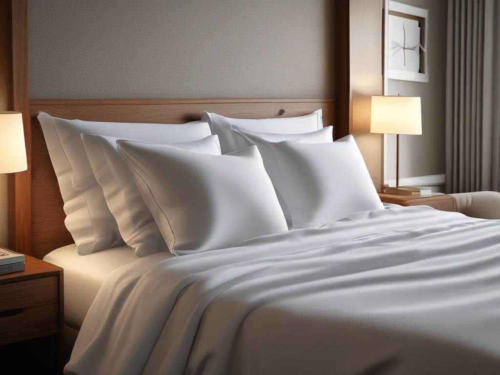 A hyper-realistic close-up shot of a beautifully made hotel-style bed in a well-lit bedroom, showcasing crisp white linens and fluffy pillows. In the background, a tastefully decorated nightstand with a small vase of fresh flowers complements the luxurious ambiance. The image should be vibrant, focusing on the details of the bedding and surrounding decor, captured with a 45mm f/1.2 lens to highlight the softness and inviting nature of the space.