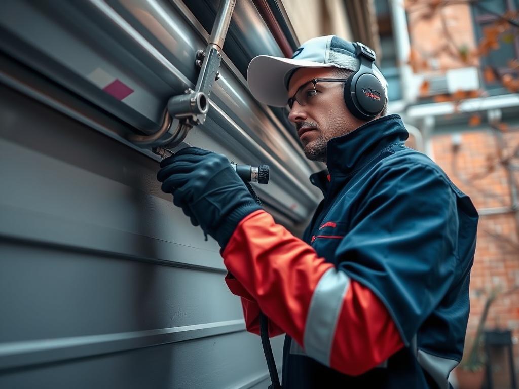 **AI Image Generation Prompt:**

Create a realistic high-resolution photo that visually represents the theme of "DIY vs. Professional Garage Door Repair in Brooklyn – What’s Safer?". The composition should feature a close-up shot of a professional garage door technician in a well-lit environment, working on a garage door with specialized tools. The technician should be wearing a branded uniform that displays professionalism and expertise, showcasing the company's commitment to quality service.

In the backg