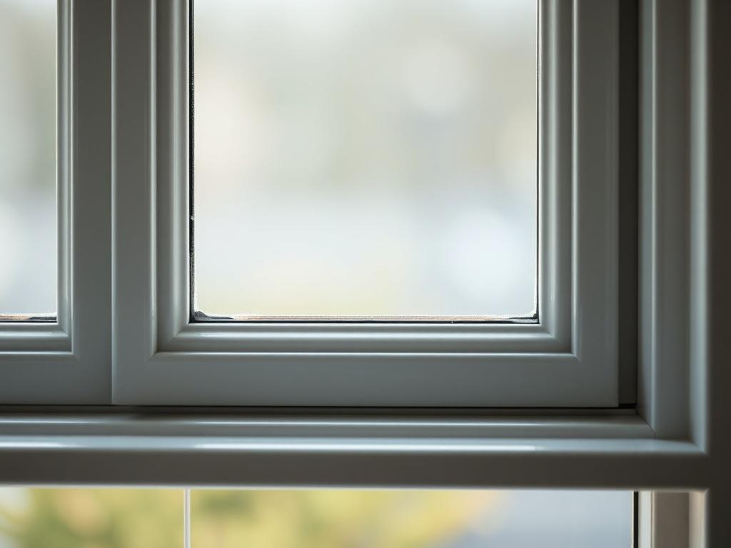 A hyper-realistic close-up shot of a clean window frame, showcasing the intricate details of the frame with a shiny finish. The background should be softly blurred to emphasize the window frame, creating a fresh and inviting atmosphere. The color palette should align with rgb(85, 141, 151), providing a soothing yet vibrant look. The lighting should highlight the cleanliness and meticulous attention to detail of the window frame.