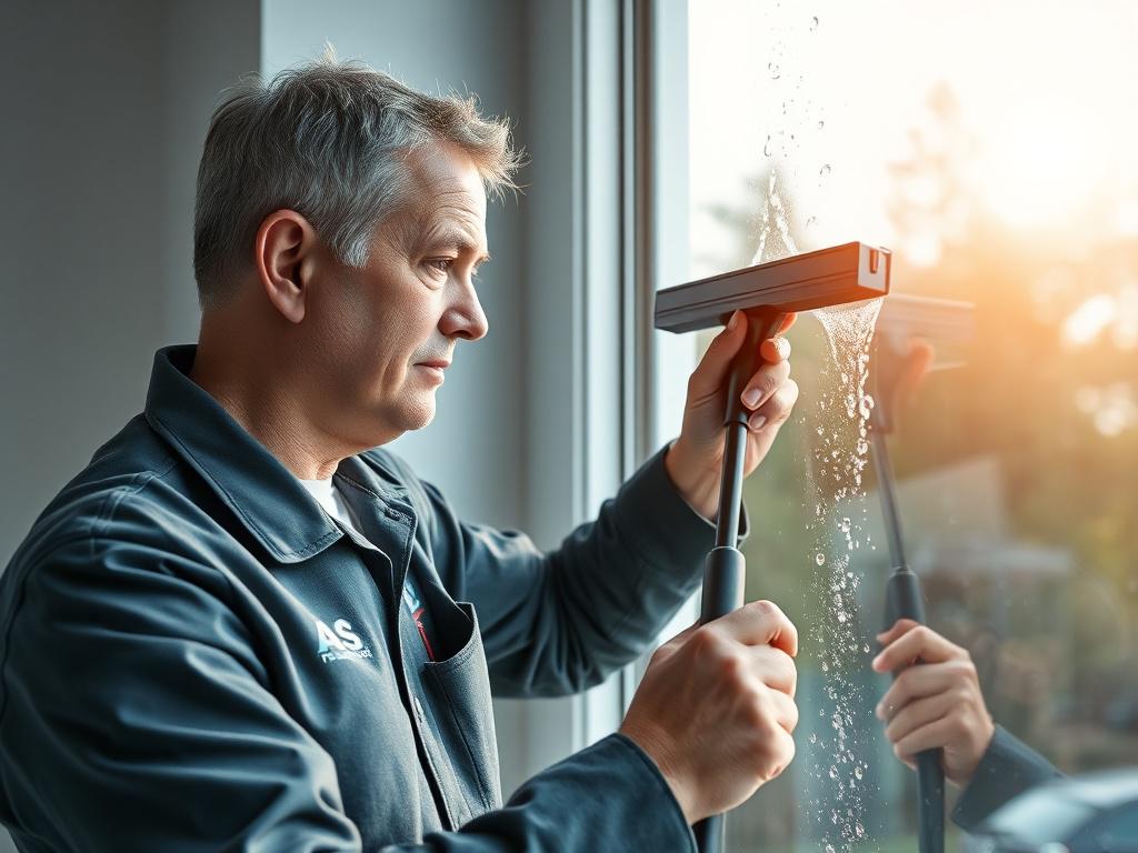 **AI Image Generation Prompt:**

Create a realistic high-resolution photo featuring a professional window cleaner in action, focused on a single window in a bright, well-lit interior space. The subject should be a middle-aged person wearing a uniform with company branding (AS Fönsterfix), using a squeegee to clean a large window. The close-up shot should capture the meticulous detail of water droplets gliding off the glass, illustrating the high-quality work being done.

The background should feature a beau