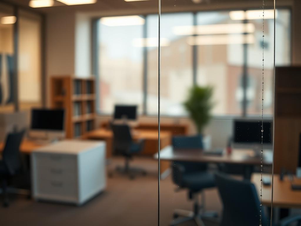 A detailed, hyper-realistic close-up of an office window, showcasing its clarity and shine. The image should be taken with a 45mm f/1.2 lens, focusing on the glass and its reflections. The background should be a softly blurred office environment.