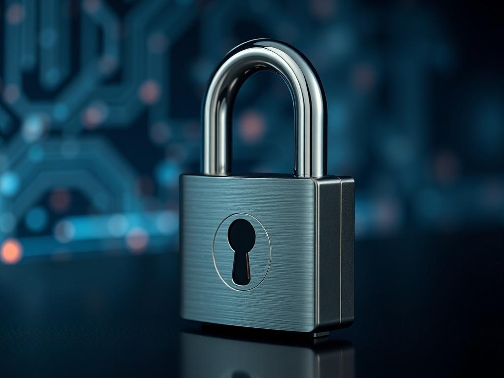 A high-resolution close-up shot of a sleek, modern networking padlock, designed for cybersecurity protection. The padlock should be placed on a dark surface, with a blurred background that suggests a digital environment, like abstract circuit patterns or glowing data streams. The focus should be on the padlock, highlighting its shiny metal finish and intricate locking mechanism. The image should evoke feelings of security and advanced technology.