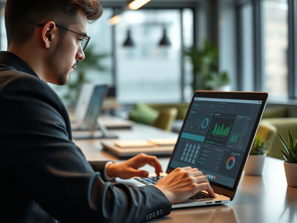 A high-resolution image of a cybersecurity expert analyzing risk assessment data on a laptop. The setting should be a modern office with green accents, emphasizing focus and professionalism.