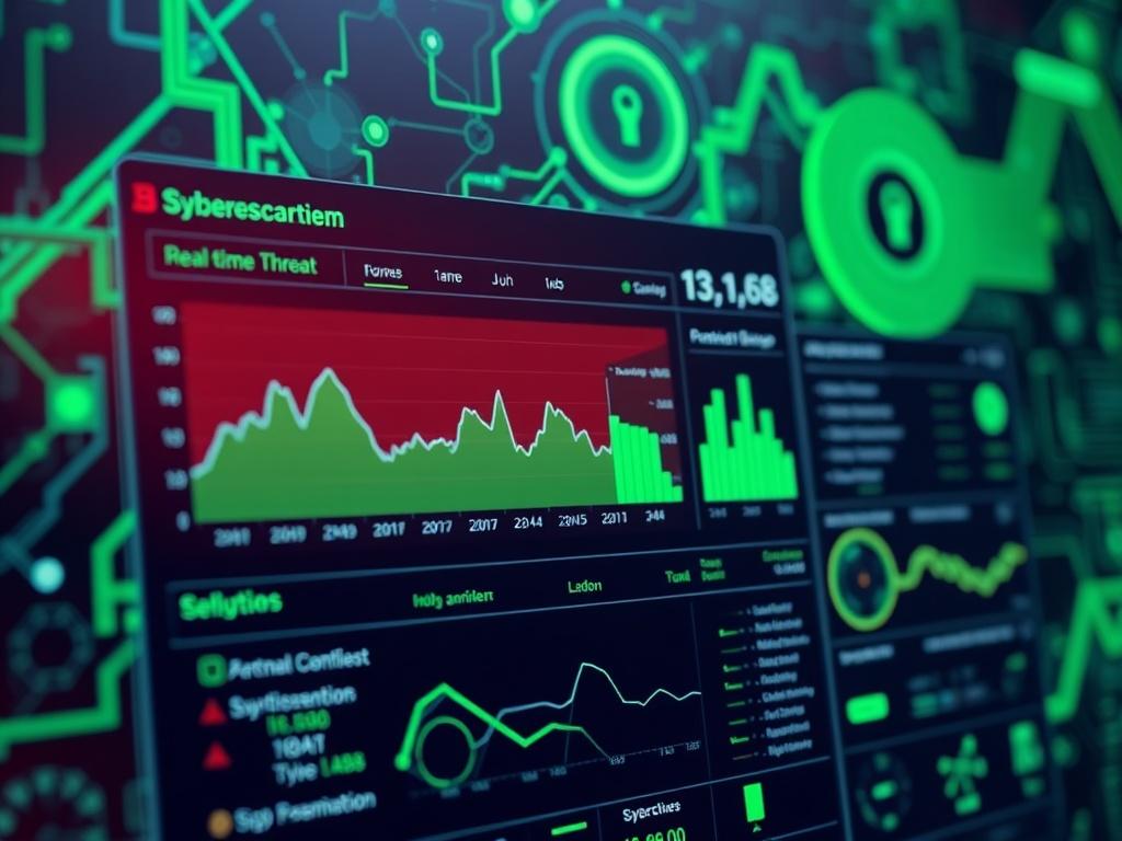 A close-up shot of a sophisticated cybersecurity dashboard displaying real-time threat data. The background shows abstract digital elements representing technology and security, with a focus on vibrant green colors to match the primary color scheme.
