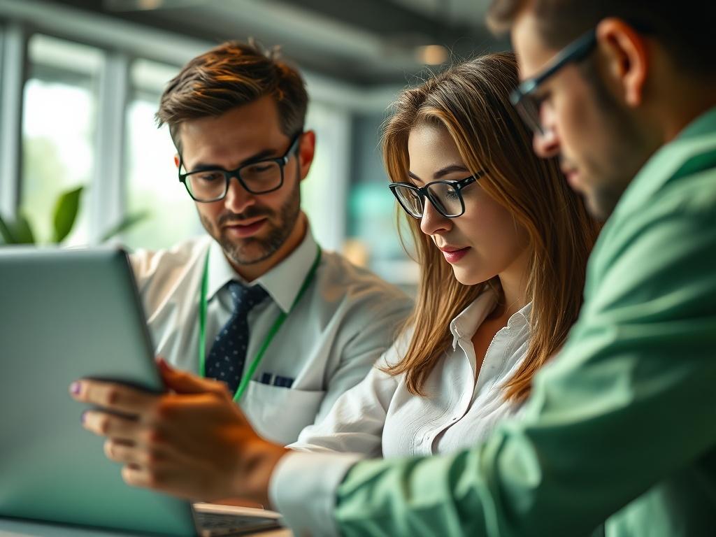 An engaging image of a compliance officer discussing data protection strategies with a team. The focus should be on collaboration and innovation, with green elements to align with the brand's color scheme.