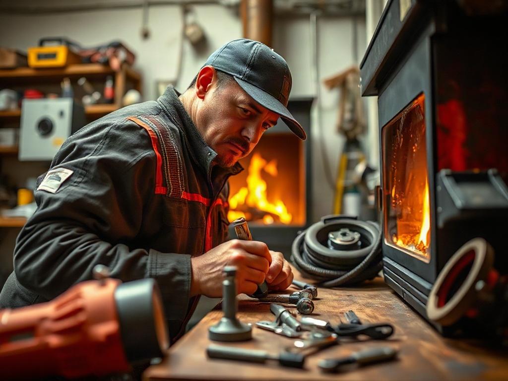 A close-up shot of a gas fireplace technician performing maintenance, surrounded by tools and parts in a well-lit workshop, shot with a 45mm f/1.2 lens. The image conveys professionalism and expertise.