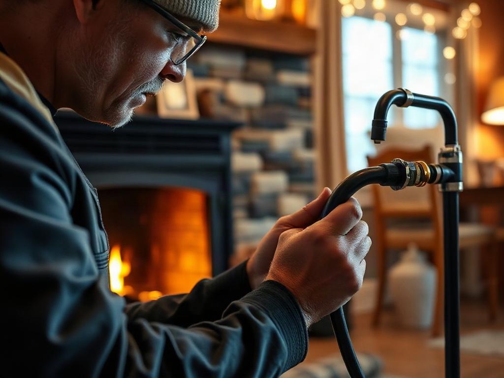 A close-up shot of a gas fireplace technician inspecting the gas lines in a cozy living room, with warm lighting and a safe environment, shot with a 45mm f/1.2 lens. The focus is on the technician's hands and the fireplace, showcasing the attention to detail in safety inspections.