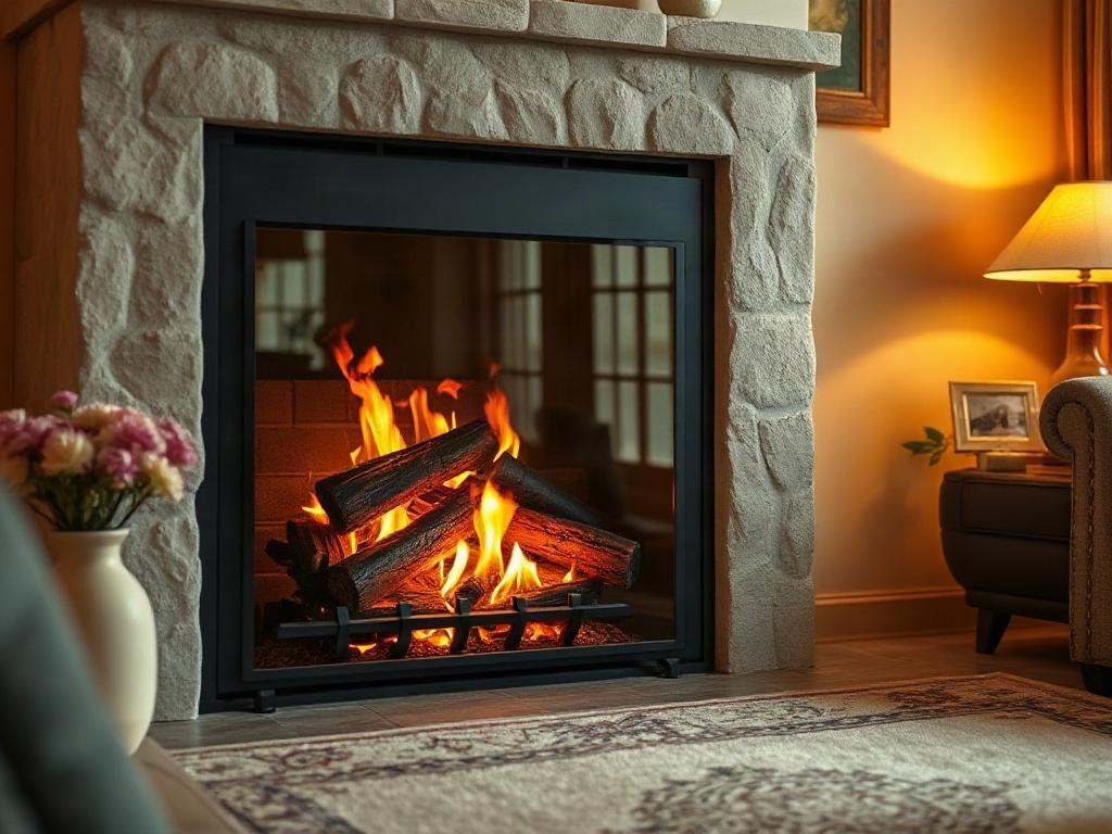 A hyper-realistic close-up of a gas fireplace with flames flickering warmly, highlighting its efficiency in a beautifully decorated living room, shot with a 45mm f/1.2 lens. The ambiance is inviting, with a focus on the fireplace's glowing flames.