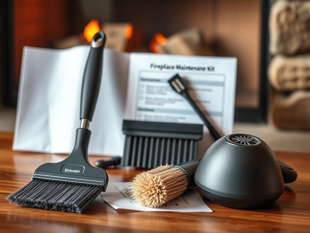A high-resolution close-up shot of a gas fireplace maintenance kit, featuring various tools like brushes, a vacuum attachment, and a checklist. The tools should be neatly arranged on a wooden surface with a warm, inviting background, emphasizing the detail and quality of the kit. The lighting should create a cozy atmosphere, reflecting the essence of fireplace maintenance.