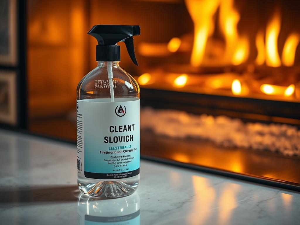 A close-up shot of a gas fireplace cleaning solution bottle, placed next to a sparkling clean fireplace. The bottle should be prominently featured in a well-lit setting, showcasing the cleanliness and shine of the fireplace. The background should be warm and inviting, highlighting the effectiveness of the cleaning solution.