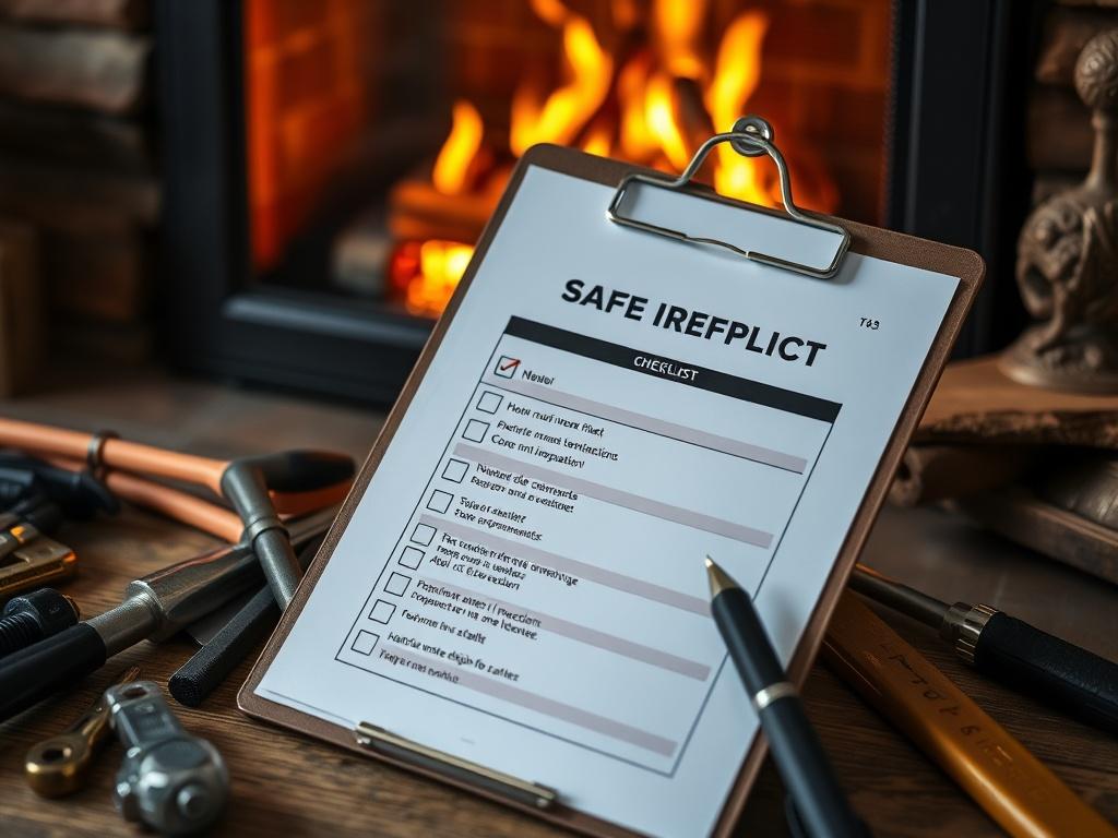A realistic image of a gas fireplace safety inspection checklist on a clipboard, surrounded by tools and a glowing fireplace in the background. The scene should convey a sense of security and preparedness, with the checklist clearly visible, emphasizing its importance for fireplace safety. The warm lighting should enhance the inviting feel of the space.