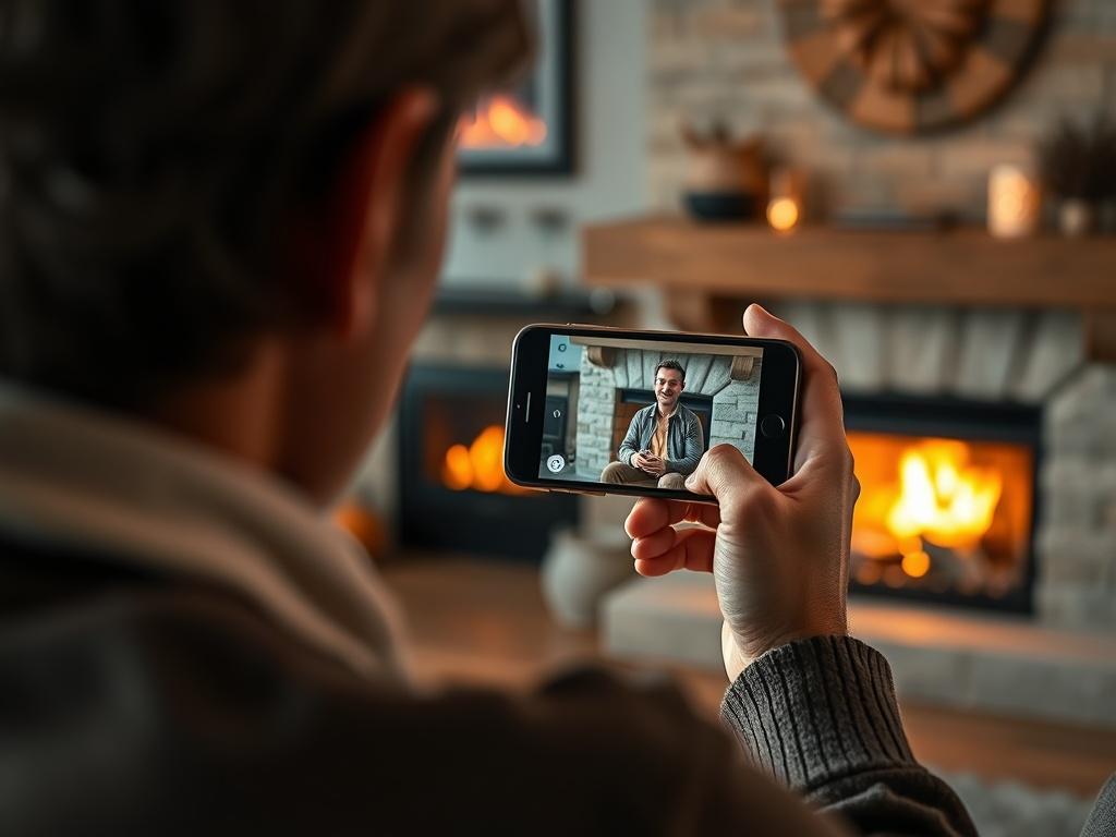 A close-up shot of a person engaged in a video call with a gas fireplace specialist, showing their fireplace through a smartphone. The background features a cozy living room setting with warm lighting and decorative elements, emphasizing a comforting atmosphere. The focus should be on the interaction, capturing the details of the phone screen displaying the specialist, and the fireplace as the main subject.
