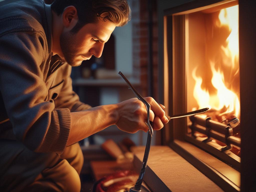 close-up of a technician repairing a gas fireplace, showing tools and fireplace components, warm lighting, high-resolution, lifelike details