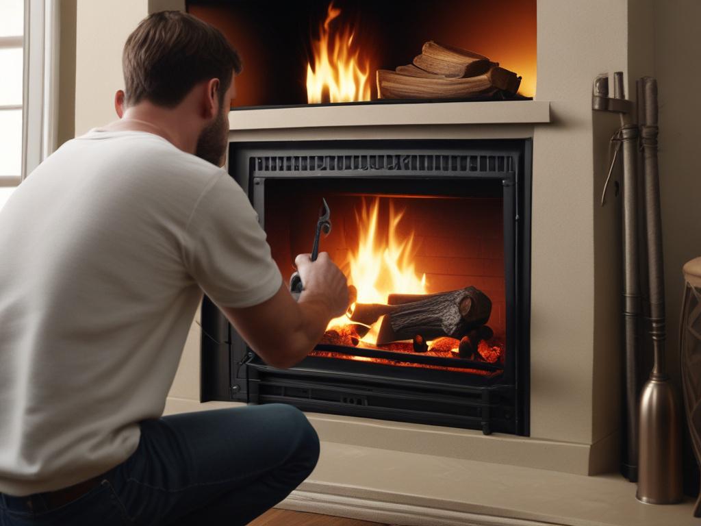 close-up of a technician inspecting a gas fireplace, detailed focus on tools and fireplace components, warm lighting, high-resolution, realistic texture