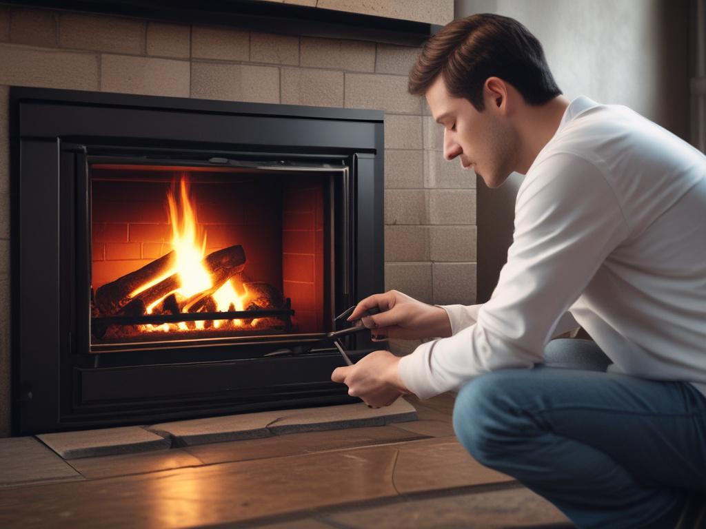 close-up of a technician performing a safety inspection on a gas fireplace, focused on safety equipment and fireplace details, warm ambiance, high-resolution, realistic look