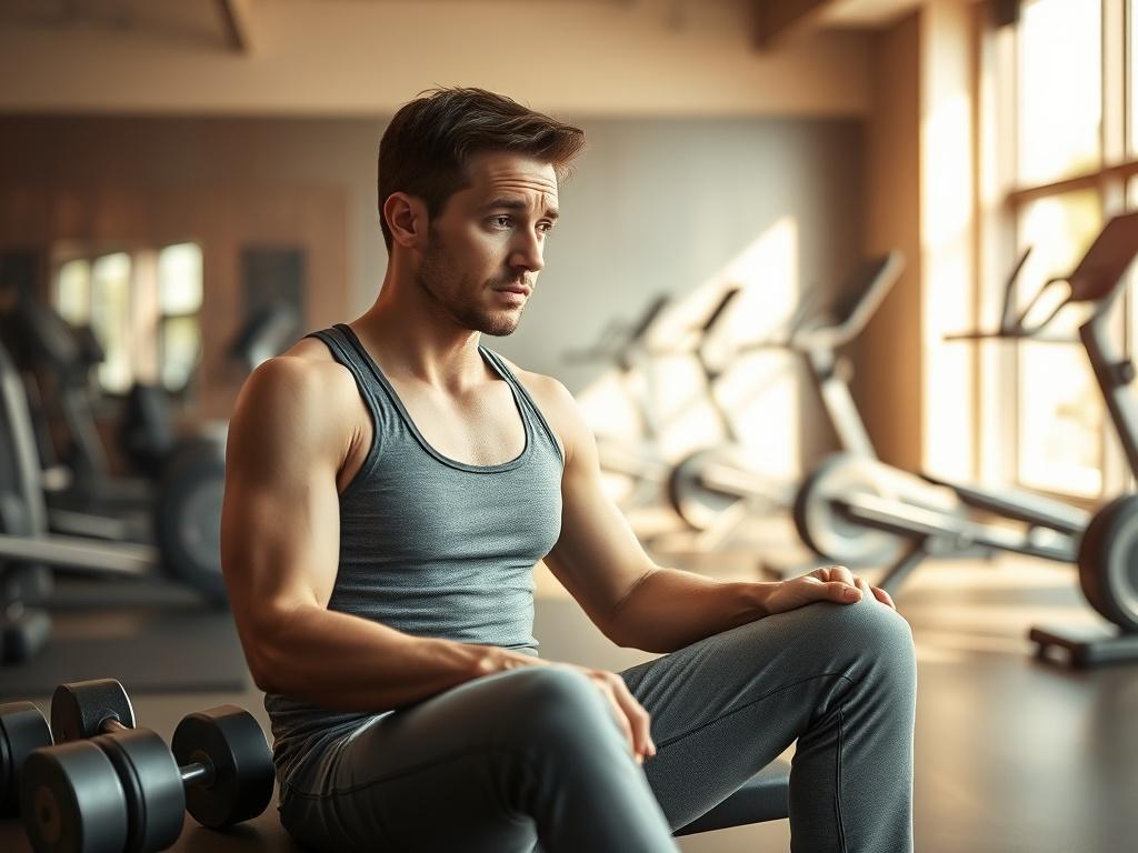 Create a realistic high-resolution photo that captures the essence of the blog titled "Skipping the Gym When You're Sick." The composition should be simple and focused on a single subject: a personal trainer sitting on a gym bench, appearing contemplative and slightly weary. The trainer should have a concerned but empathetic expression, reflecting the challenge of balancing fitness goals with personal health.

The subject should be dressed in athletic wear, such as a fitted tank top and comfortable workout 