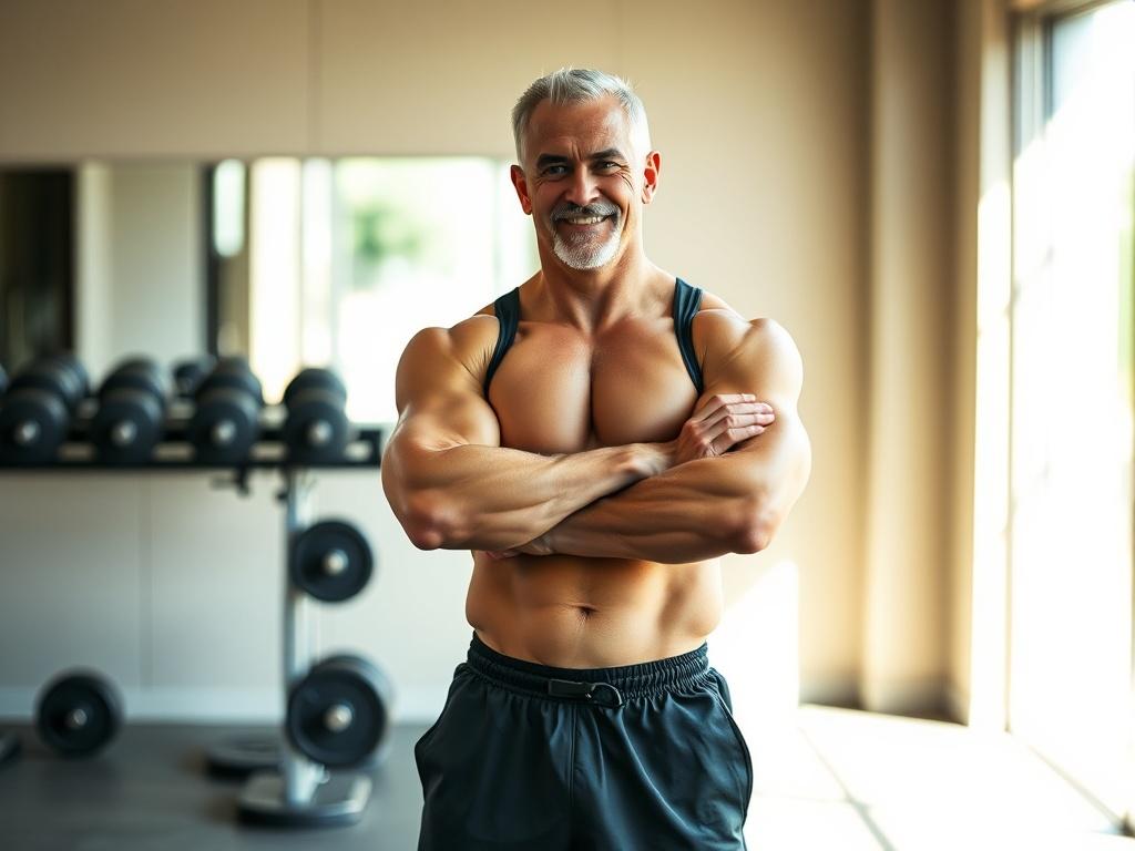 Create a realistic high-resolution photo that reflects the theme of "Steroids and Longevity." The image should feature a personal trainer, a fit and muscular figure, standing confidently with crossed arms, showcasing a healthy and robust physique. He should have a mature appearance, indicating wisdom and experience, with a subtle smile that conveys approachability and trustworthiness.

The trainer is positioned in the center of the frame, emphasizing him as the single subject. He is wearing modern athletic 