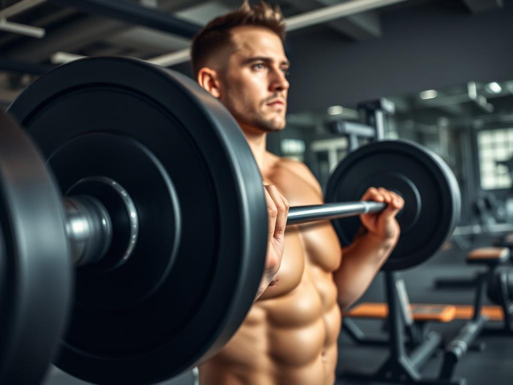 Create a realistic high-resolution photo featuring a personal trainer demonstrating a powerful strength training exercise, such as a deadlift. The trainer should be a muscular individual, showcasing a strong physique, with a focused and determined expression. Position them in the foreground, highlighting their grip on the barbell with an intense concentration. The background should feature a well-equipped gym environment with weights, benches, and mirrors to enhance the setting, but keep it softly blurred t