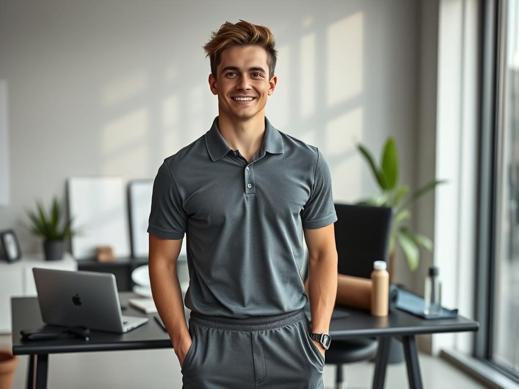 Create a realistic high-resolution image featuring a fit, confident personal trainer in a modern office setting. The subject should be a young adult, dressed in a smart-casual athletic outfit (a fitted polo shirt and tailored joggers) that balances professionalism with an active lifestyle. They are standing in front of a desk equipped with a laptop and fitness-related materials, like a yoga mat and a reusable water bottle, emphasizing the integration of fitness into a 9-to-5 work life.

The background shoul