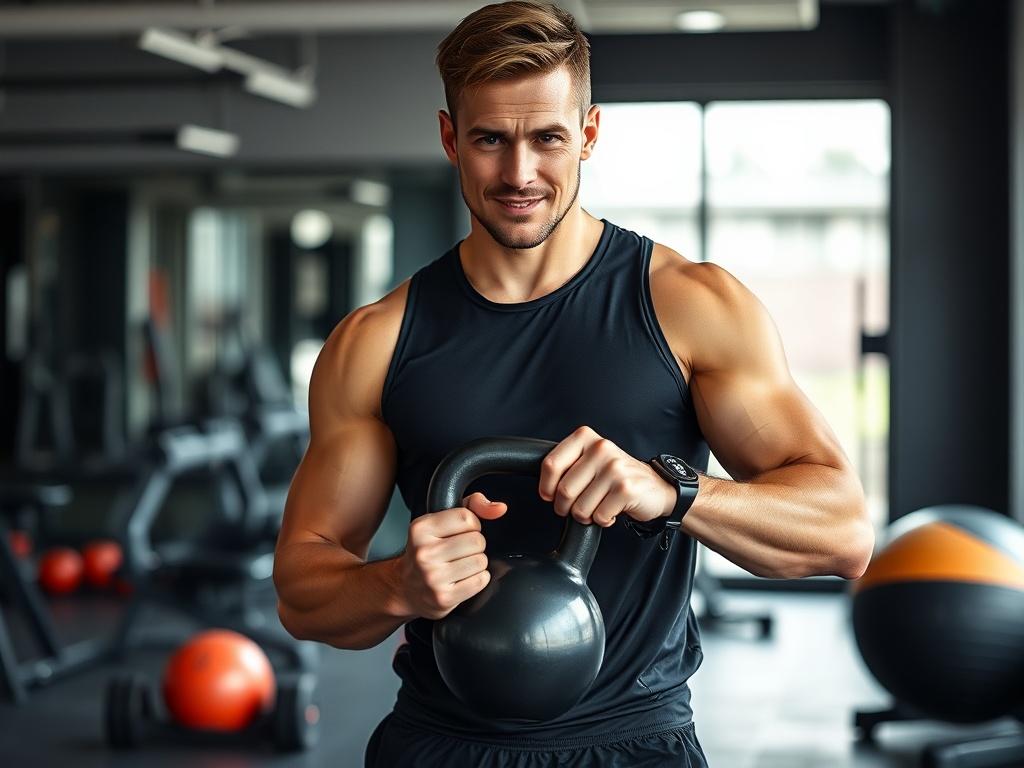 Create a realistic high-resolution photo featuring a fit personal trainer standing in a well-lit indoor gym environment. The trainer should appear confident and approachable, wearing athletic gear that reflects their professional image. Focus on a close-up shot of the trainer, capturing their expression of determination and positivity, symbolizing the concept of micro-wins and personal growth.

The trainer should be engaged in a simple activity, such as adjusting a kettlebell or demonstrating a light exerci
