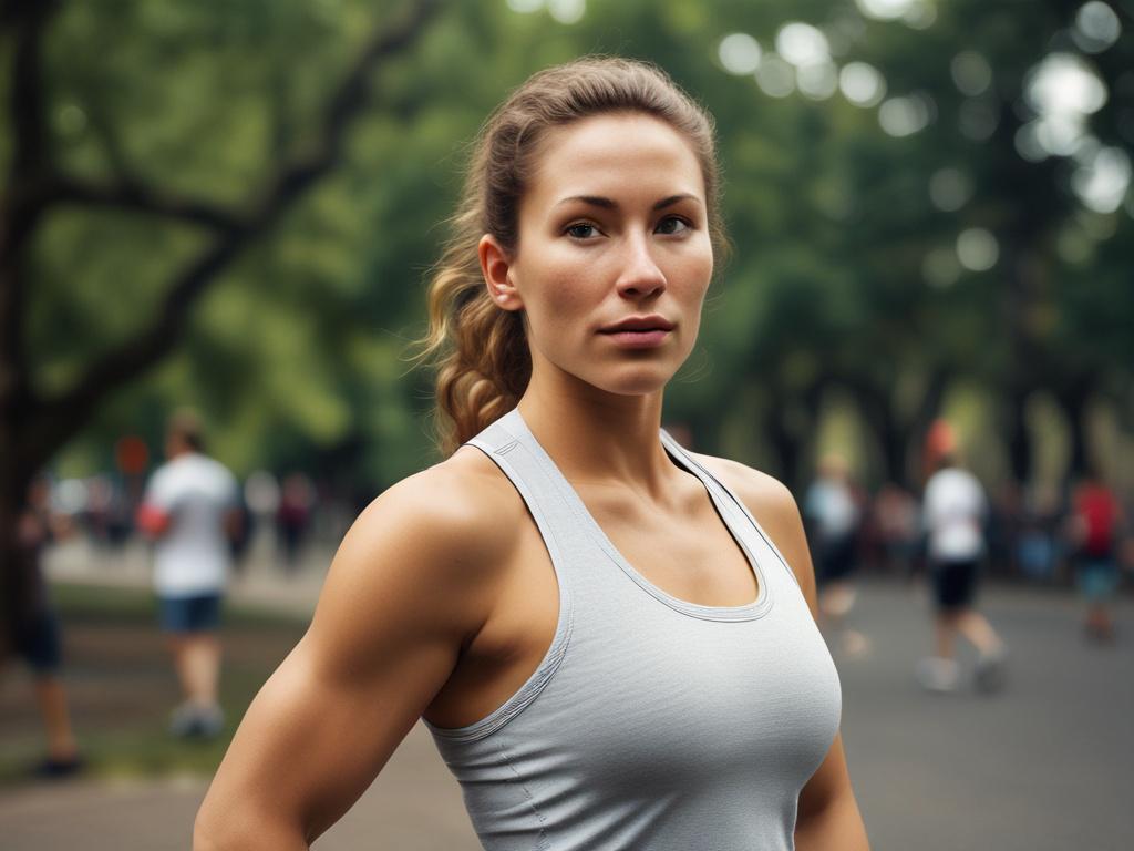 **AI Image Generation Prompt:**

Create a realistic high-resolution photo featuring a fit, determined individual in a serene outdoor setting, embodying the essence of sustainable fitness. The subject should be a young adult standing confidently on a natural path surrounded by lush greenery, embodying resilience and energy. They should be wearing comfortable athletic attire, conveying an approachable and relatable vibe rather than one of extreme athleticism.

Focus on a close-up shot with a 45mm f/1.2 lens s