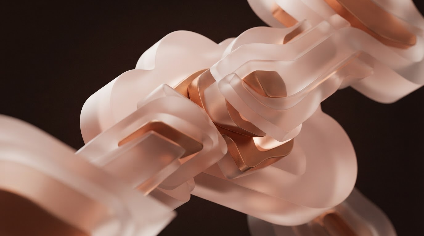 Abstract sculptural cloud infrastructure visualization with translucent forms and copper accents