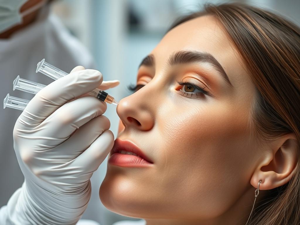 A close-up shot of a medical professional performing a PRP (Platelet-Rich Plasma) application on a patient's face. The setting is a clean, modern aesthetic clinic with bright lighting. The medical professional, wearing gloves and a face mask, is gently applying the PRP solution with a sterile syringe. The patient's face displays a serene expression, showcasing healthy skin. The background is softly blurred, highlighting the professional's focused work.