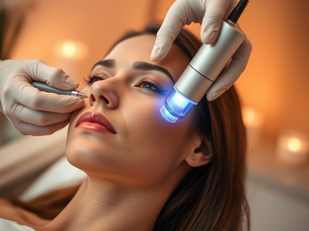 A close-up shot of a woman receiving radiofrequency microneedling treatment in a serene spa setting. The focus is on her face, highlighting the device applying microneedling to her skin. The background is softly blurred to emphasize the treatment process, with warm, inviting colors. The lighting is soft and natural, creating a calming atmosphere.