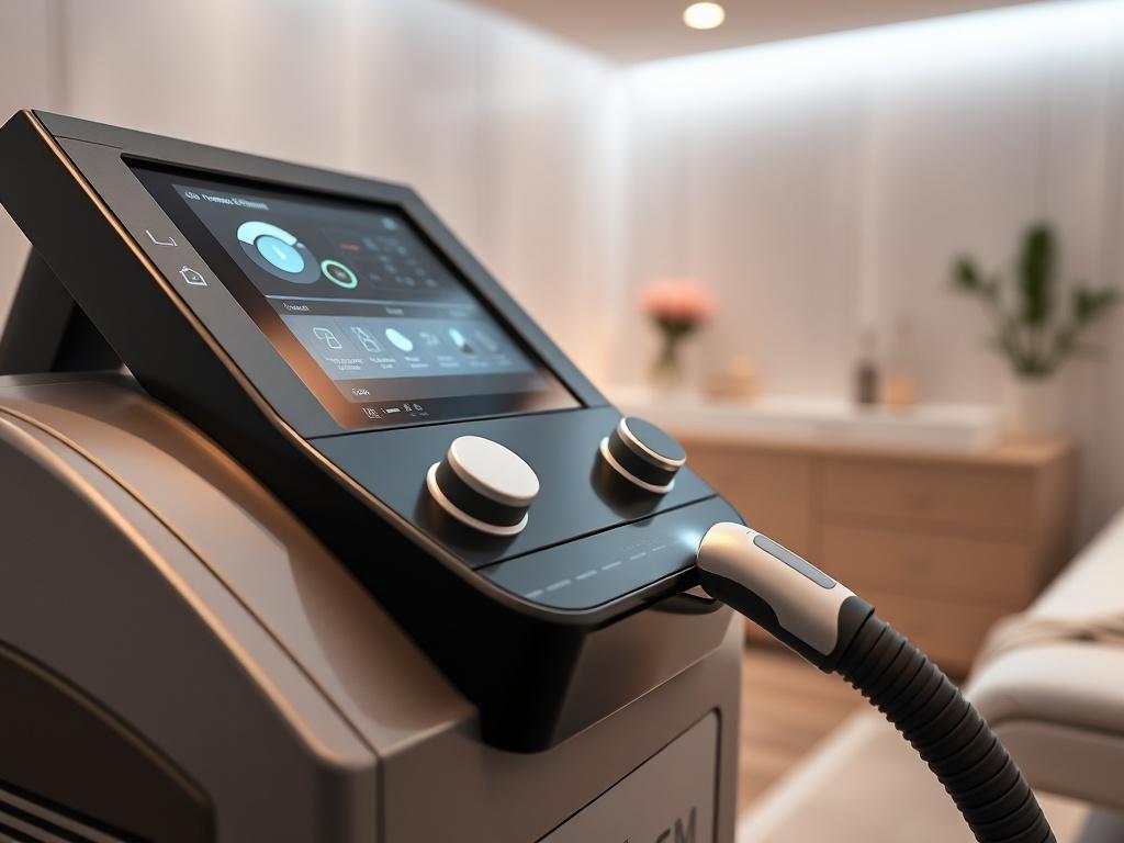 A close-up shot of a sleek, modern multi-function laser machine, with a focus on its control panel and laser handpiece. The background should be softly blurred, showcasing an elegant med-spa treatment room with soothing colors and soft lighting.