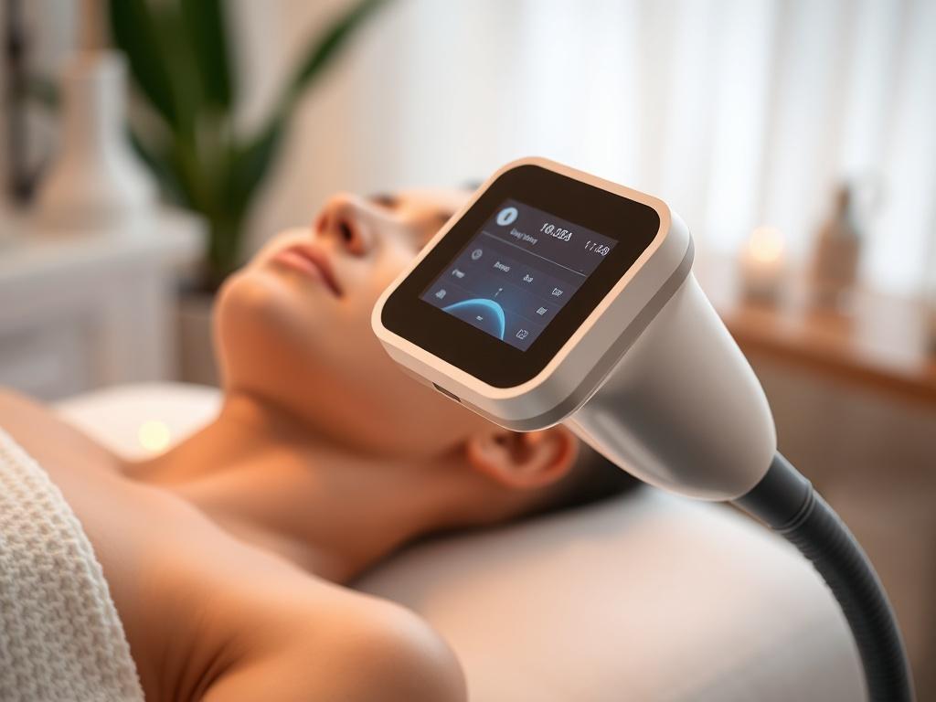 A detailed close-up of the RF skin tightening device, showcasing its handpiece and display screen. The background should reflect a tranquil med-spa treatment setting with soft, inviting colors.