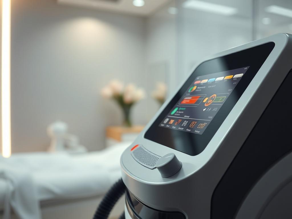 A hyper-realistic close-up of the advanced body contouring machine, highlighting its unique features and control interface. The background should depict a serene med-spa environment with soft lighting and calming colors.