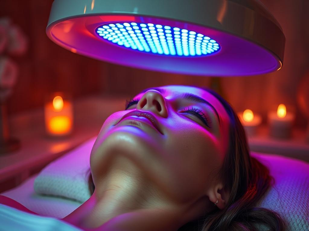 A close-up shot of a woman lying comfortably under an LED light therapy device, showcasing red and blue lights glowing softly. The background is a serene spa setting with a gentle ambiance, emphasizing relaxation and wellness. The subject's skin appears calm and rejuvenated, highlighting the effects of the therapy. The overall color scheme is warm and inviting, compatible with rgb(193, 153, 87). The image should be rendered in hyper-realistic detail as if taken with a 45mm f/1.2 lens.