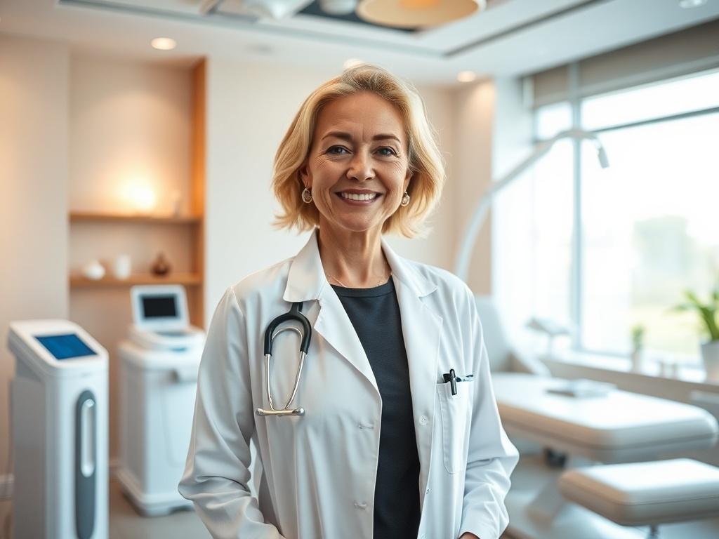 **AI Image Generation Prompt:**

Create a realistic high-resolution photo capturing a single, confident aesthetic practitioner in a modern med-spa setting, showcasing the theme of "Harnessing Structural Insight for Meaningful Client Transformations in Aesthetics." The subject should be a well-groomed, middle-aged female practitioner with a warm smile, wearing stylish professional attire and a white lab coat. She is standing in front of a sleek treatment room that features advanced aesthetic technology. 

Th