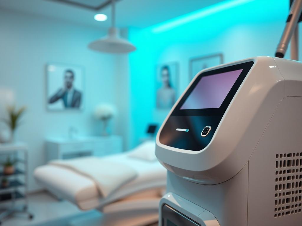 A hyper-realistic close-up shot of a professional beauty clinic setting, showcasing advanced aesthetic equipment in a serene environment. The focus should be on a modern laser system, highlighting its sleek design, with soft ambient lighting creating a peaceful atmosphere. In the background, blurred elements of a treatment room can be seen, emphasizing a clean and welcoming space. The color palette should align with the brand's primary color, rgb(193, 153, 87), enhancing the overall aesthetic appeal.