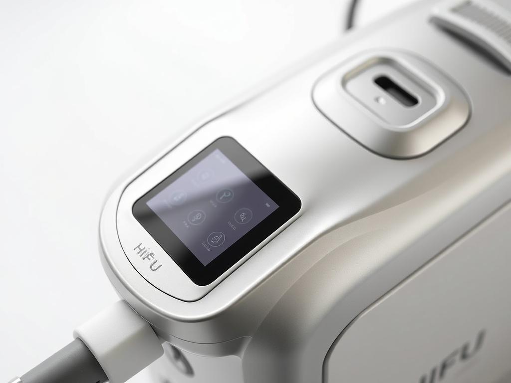 A high-resolution close-up shot of a HIFU (High-Intensity Focused Ultrasound) device, showcasing its sleek design and modern technology. The device should be positioned on a clean, white background to emphasize its features. The image should highlight the control panel with buttons and a screen, focusing on the intricate details of the device. The composition should convey a sense of innovation and effectiveness in skin tightening treatments.