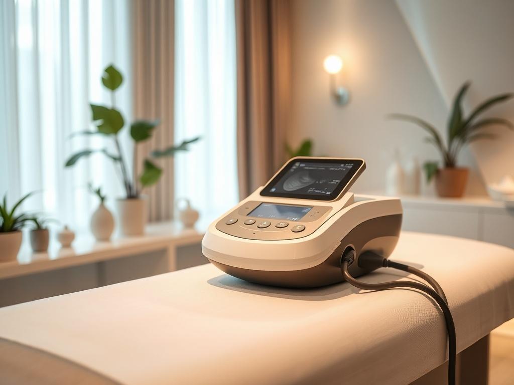 A realistic high-resolution photo of an ultrasound fat cavitation device, prominently displayed on a sleek, modern treatment table in a clean and well-lit med-spa environment. The device should have a sleek design with visible control buttons and a display screen. The background should be softly blurred, showcasing elegant decor elements such as soothing colors, plants, and soft lighting to evoke a calming atmosphere.