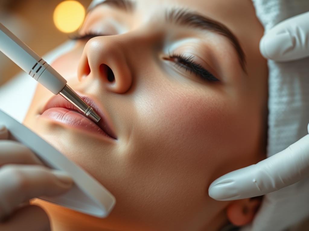 A close-up shot of a person's face undergoing a microneedling treatment. The focus is on the skin texture, showing the precision of the microneedling device in action. The background is softly blurred, highlighting the subject's radiant skin. The lighting is warm and inviting, creating an atmosphere of relaxation and rejuvenation. The color scheme should reflect a calming aesthetic, compatible with the rgb(193, 153, 87) primary color.