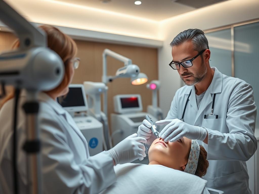 A focused training session with a skilled practitioner demonstrating a multi-function laser treatment on a model. The practitioner is attentively explaining the procedure, with various laser equipment in the background. The setting is a modern, well-lit med-spa environment, emphasizing professionalism and care. The image should capture the concentration and engagement of both the practitioner and the model, showcasing the high-quality equipment and the serene atmosphere.