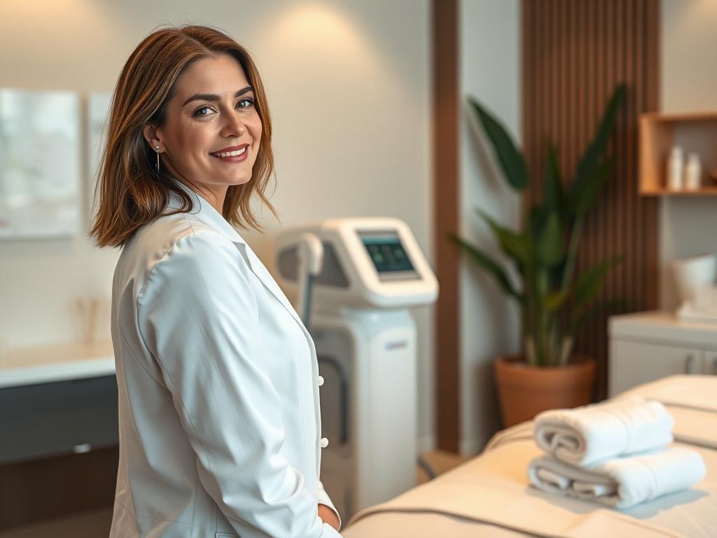 Create a realistic high-resolution photo of a professional female aesthetic practitioner in a pristine med-spa environment. She should be shown in the process of consulting with a client, demonstrating a warm and inviting demeanor. The practitioner is mid-30s, has medium-length brown hair, and is wearing a sleek white lab coat over smart casual attire. 

The subject should be positioned to the left of the frame, with her body slightly turned towards the client, who is out of focus in the background, conveyi