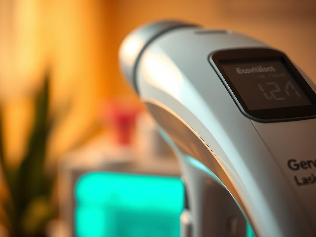 Close-up shot of a professional laser hair removal device, showcasing sleek, modern design with a smooth handle and a digital display. The background is softly blurred to emphasize the device, with warm lighting to create an inviting atmosphere. The color palette incorporates the primary color rgb(193, 153, 87) subtly in the design elements.