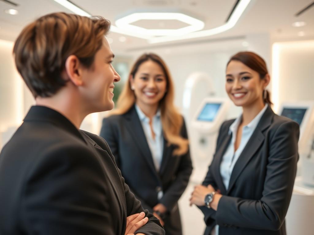 A close-up shot of a confident, smiling sales representative in a professional attire, standing in a bright and modern aesthetic clinic. The background features sleek treatment rooms and state-of-the-art aesthetic equipment. The subject is engaged in conversation, conveying enthusiasm and professionalism. The image should be rendered in hyper-realistic detail, with a focus on the subject's facial expression and the clinic's inviting atmosphere. The color palette should harmonize with shades of rgb(193, 153,