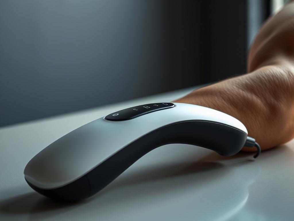 A close-up shot of an EMS muscle sculpting device in action, showcasing a sleek, modern design with an ergonomic handle, placed on a smooth, neutral-colored surface. The background is softly blurred to emphasize the device, with subtle lighting highlighting its contours and features. A model's arm can be partially seen, demonstrating the device on the bicep, showcasing its effectiveness in muscle sculpting.