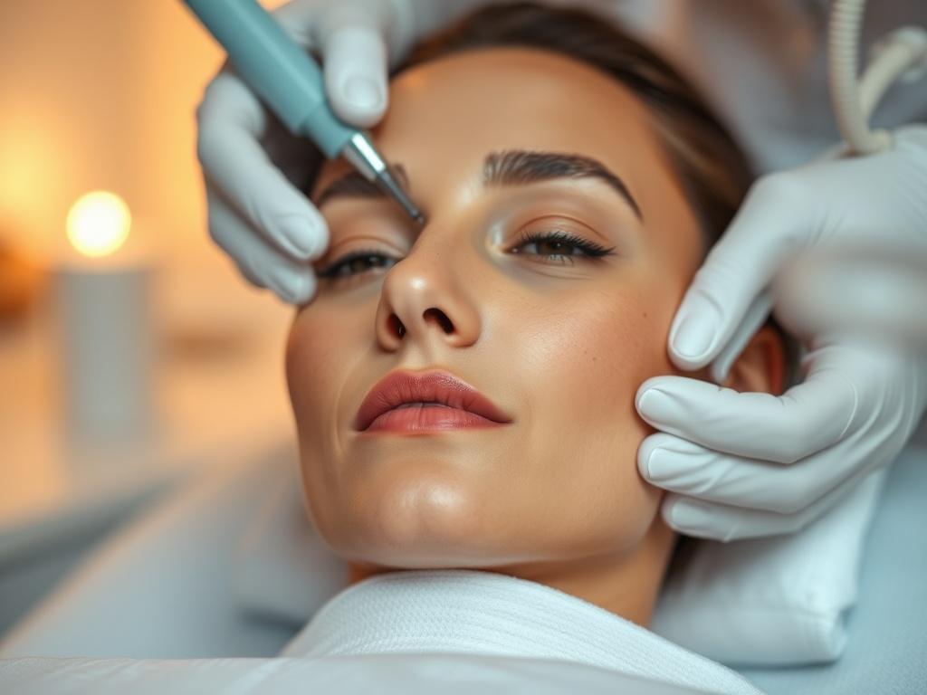 A hyper-realistic close-up of a patient receiving E Aesthetics Clinical Treatments in a modern med-spa setting. The focus is on the patient’s face, showcasing a serene expression as a clinician administers a treatment. The background features soft, blurred elements of the med-spa, with warm lighting that enhances the soothing atmosphere. The image should be shot with a 45mm f/1.2 lens to create a beautiful bokeh effect, emphasizing the treatment process.