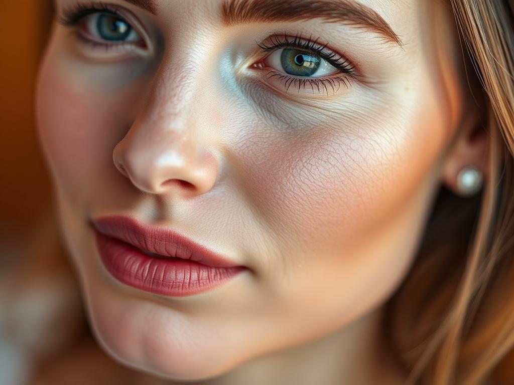 A hyper-realistic close-up shot of a woman's face, showcasing the smooth texture and radiance of her skin after undergoing Fractional Laser Resurfacing. The image should focus on her glowing complexion, highlighting the reduction of wrinkles and acne scars. The background should be soft and blurred to emphasize the subject, while maintaining a warm color palette that complements the primary color rgb(193, 153, 87). The lighting should be soft and natural, creating an inviting and rejuvenating atmosphere.